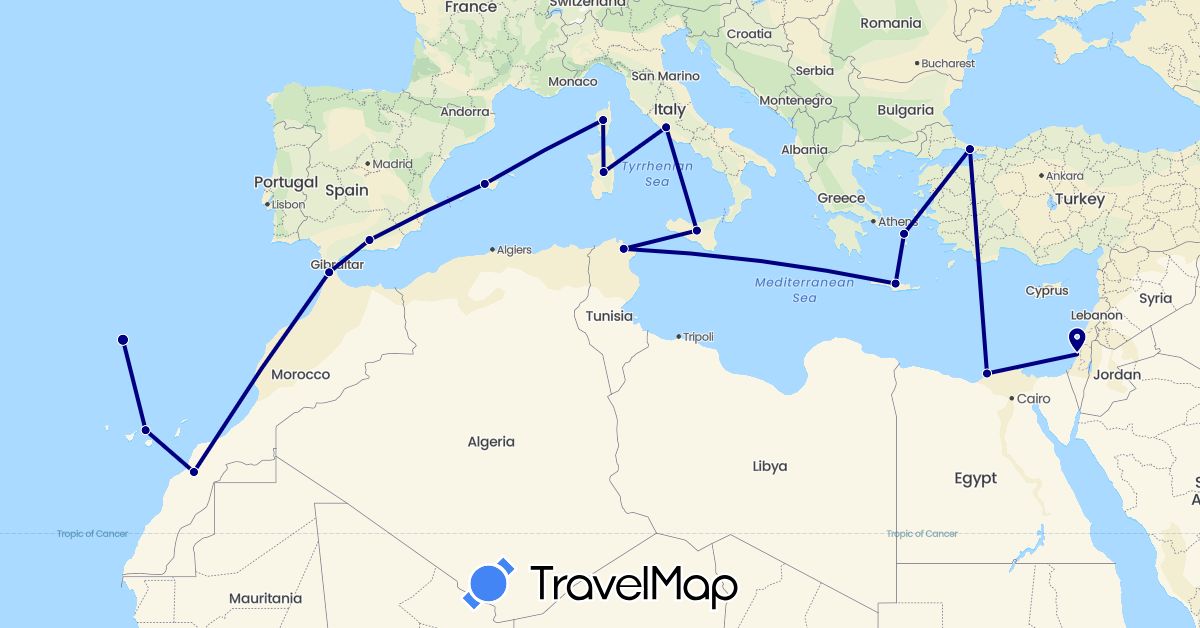 TravelMap itinerary: driving in Egypt, Spain, France, Greece, Israel, Italy, Morocco, Portugal, Tunisia, Turkey (Africa, Asia, Europe)